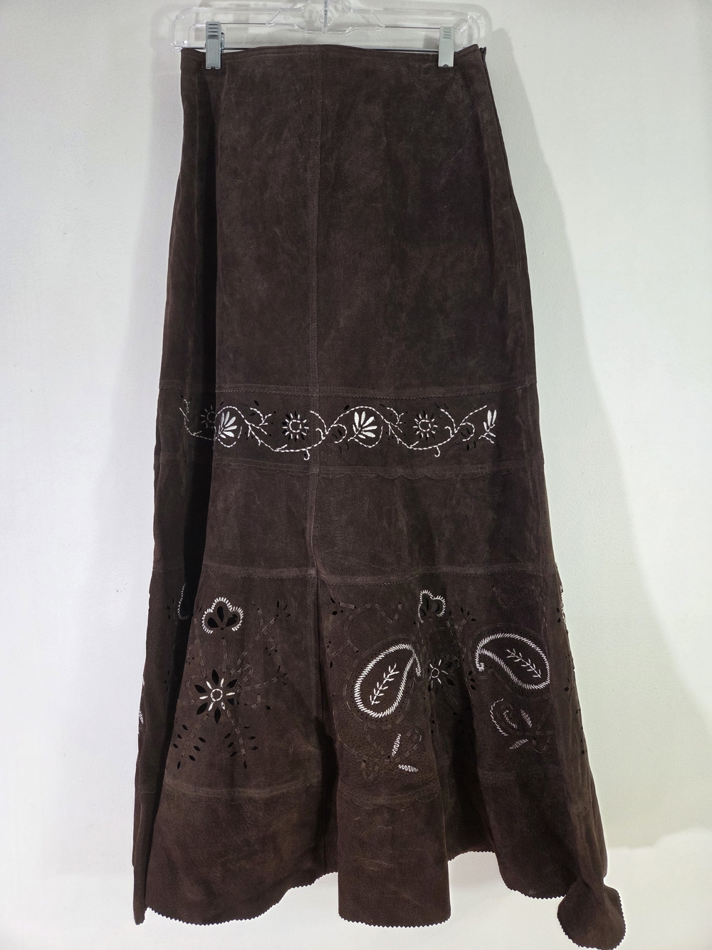 Chocolate Brown Suede Maxi Skirt With Cutwork And  Embroidery